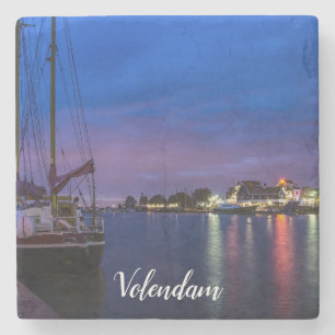 Illuminated Volendam harbor at night Stone Coaster