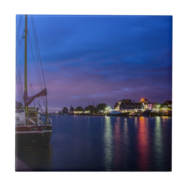 Illuminated Volendam harbor at night Tile (Front)