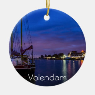 Illuminated Volendam harbour at night Ceramic Tree Decoration