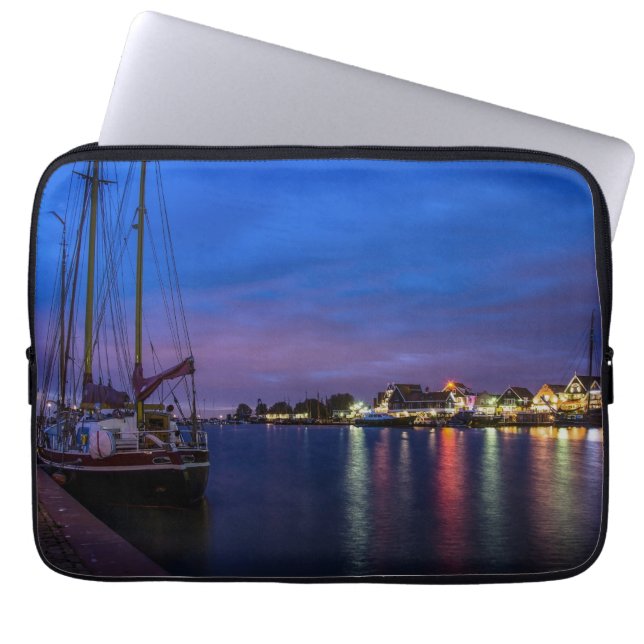 Illuminated Volendam harbour at night Laptop Sleeve (Front)