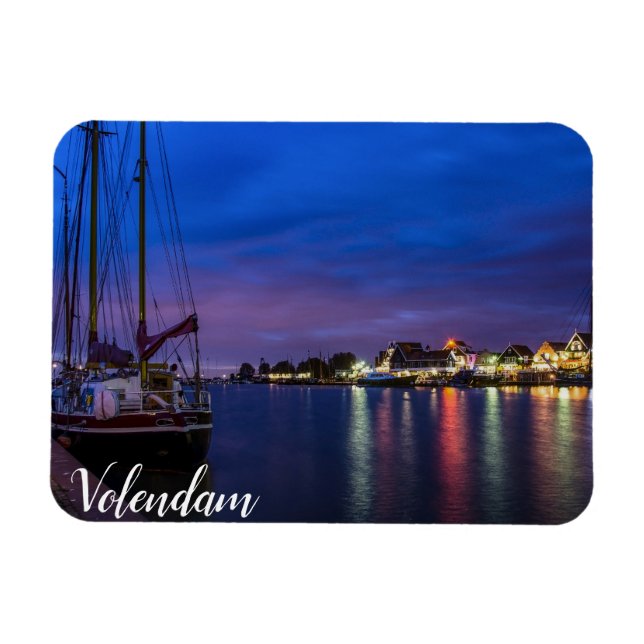 Illuminated Volendam harbour at night Magnet (Horizontal)