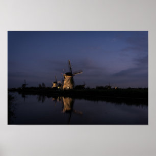 Illuminated windmill at Blue Hour poster
