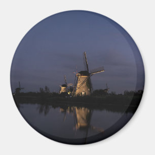 Illuminated windmill at Blue Hour round magnet
