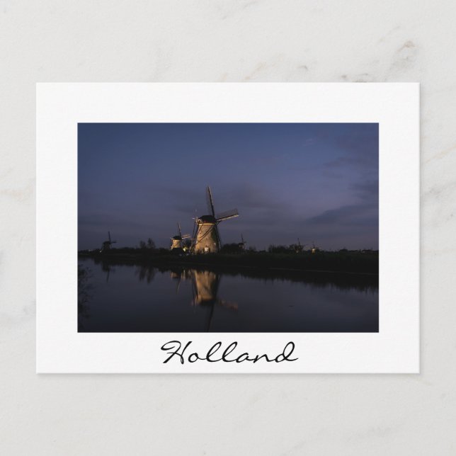 Illuminated windmill at Blue Hour white postcard (Front)