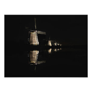 Illuminated windmills in Kinderdijk at night print