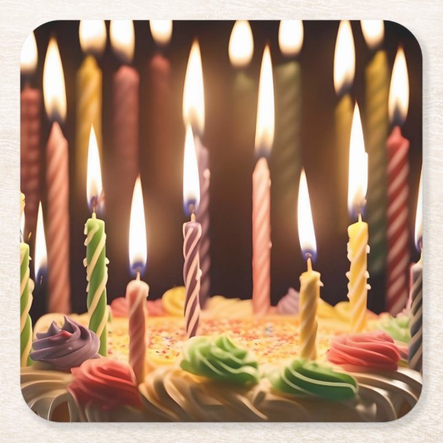 illuminated Wishes: Glowing Candles Bday Cake Square Paper Coaster (Front)