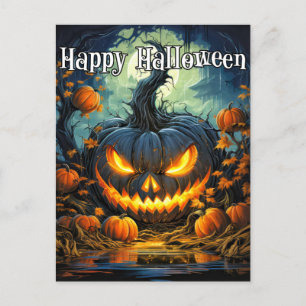 Illuminating Spooky Pumpkin Happy Halloween Postcard