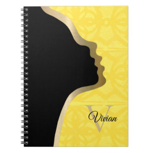 Illuminating Yellow Batik Black And Gold Face Name Notebook