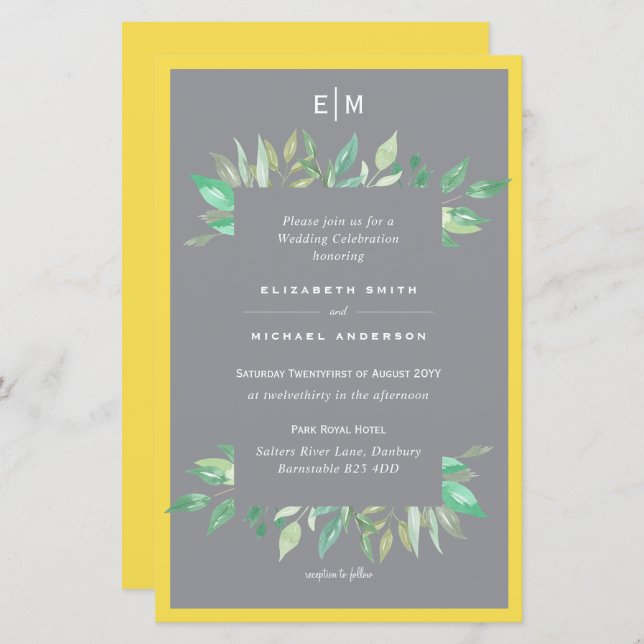 Illuminating Yellow Grey Budget Wedding Invite A9 (Front/Back)