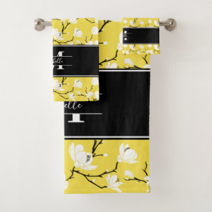 Illuminating Yellow Monogrammed Magnolia Flower Bath Towel Set