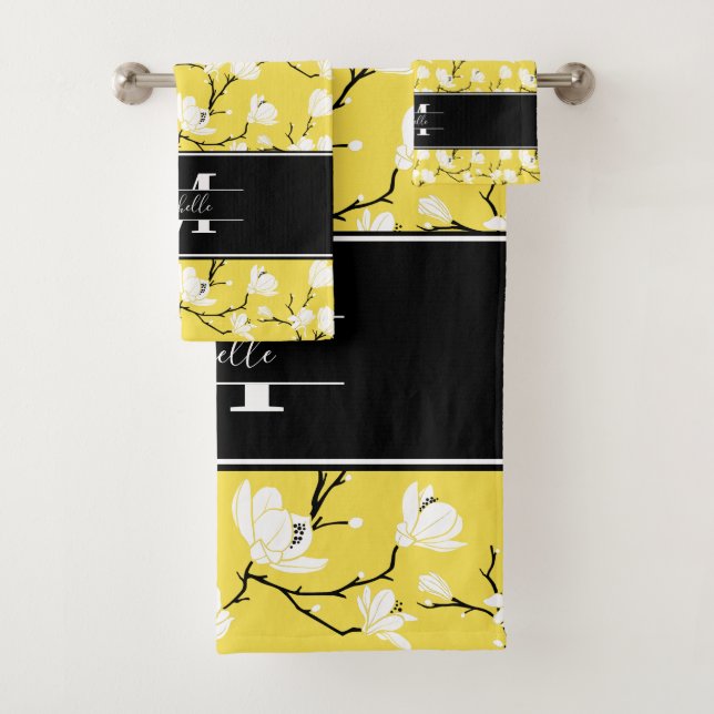 Illuminating Yellow Monogrammed Magnolia Flower Bath Towel Set (Insitu)