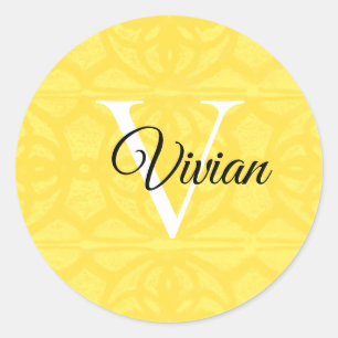 Illuminating Yellow With White Monogram Name Classic Round Sticker