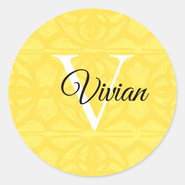 Illuminating Yellow With White Monogram Name Classic Round Sticker (Front)