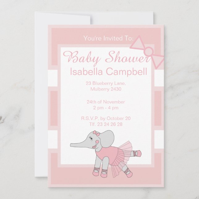 illusima Ballerina Elephant Baby Pink Baby Shower Invitation (Front)