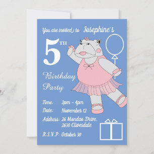 illusima Ballerina Hippo Blue Birthday Party Invitation