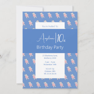 illusima Ballerina Hippo Blue Birthday Party Invitation