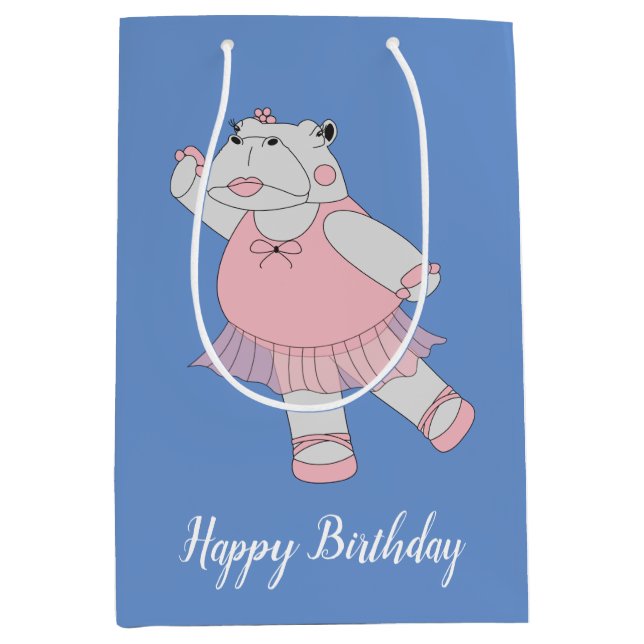 illusima Ballerina Hippo Blue With Text Medium Gift Bag (Front)