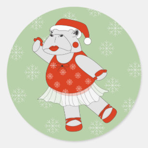 illusima Ballerina Hippo Christmas Snowflakes Classic Round Sticker