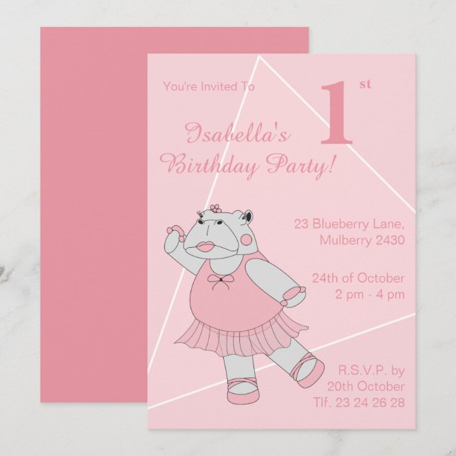 illusima Ballerina Hippo Girls Birthday Invitation (Front/Back)
