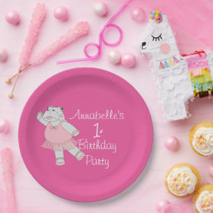 illusima Ballerina Hippo Pink 1st Birthday Paper Plate