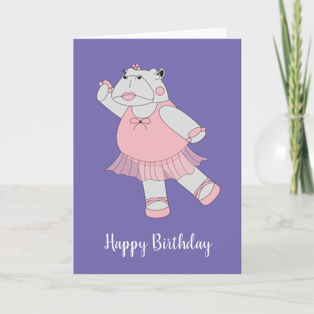 illusima Ballerina Hippo Purple Birthday Card (Front)