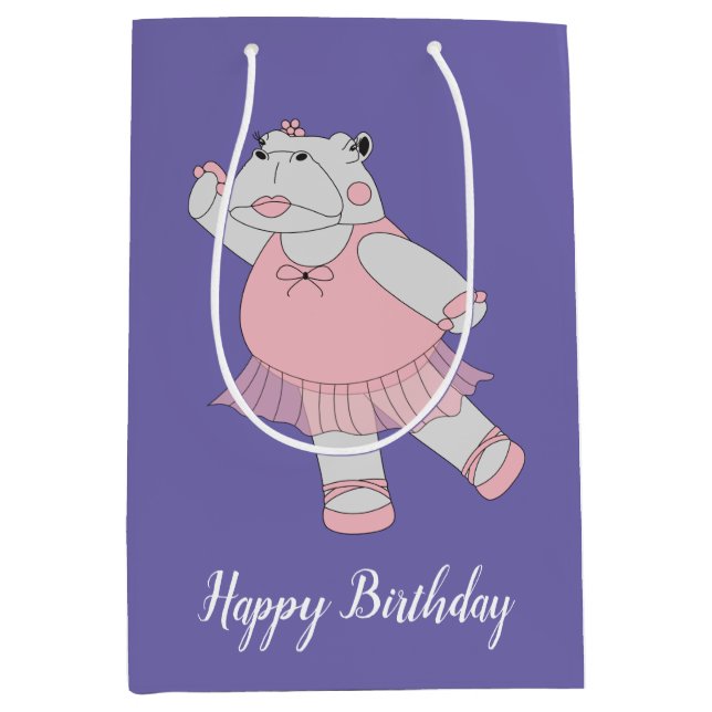 illusima Ballerina Hippo Purple With Text Medium Gift Bag (Front)