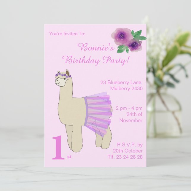 illusima Ballerina Llama Girls Pink Birthday Invitation (Standing Front)