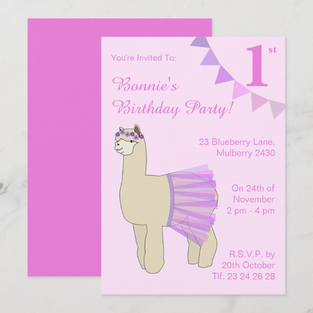 illusima Ballerina Llama Girls Pink Flags Birthday Invitation (Front/Back)
