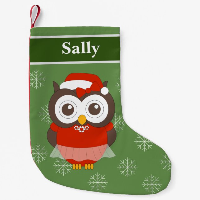 illusima Ballerina Owl Christmas Snowflakes Green Small Christmas Stocking (Front)