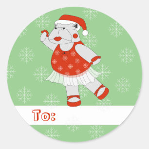 illusima Ballet Hippo Christmas Snowflakes Green Classic Round Sticker