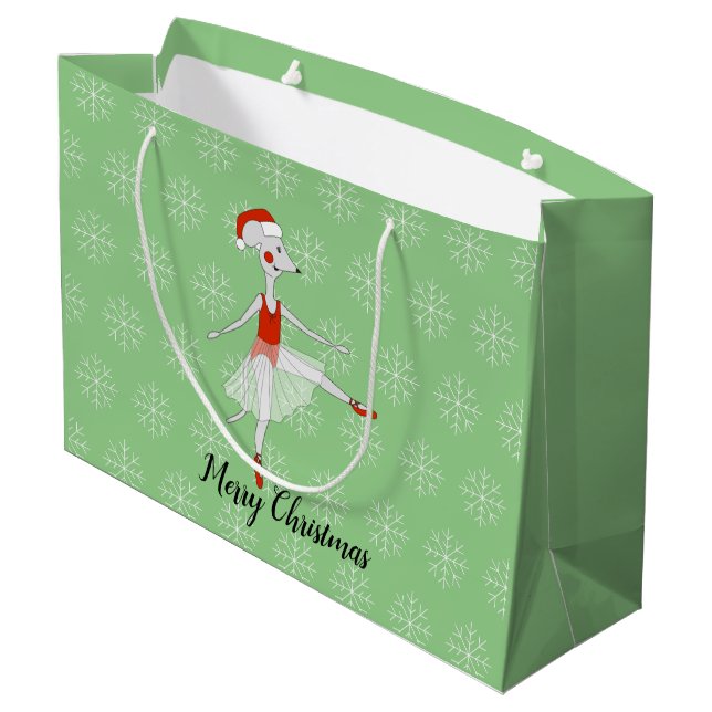 illusima Ballet Mouse Christmas Snowflakes Green Large Gift Bag (Back Angled)