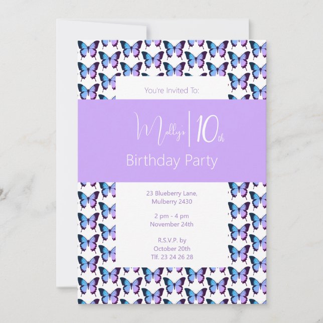 illusima Butterfly Pattern Purple 10th Birthday Invitation (Front)