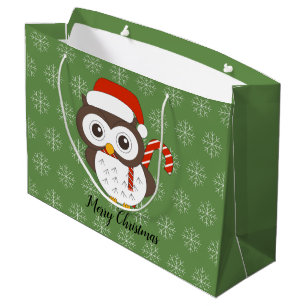 illusima Candy Cane Owl Christmas Snowflake Green Large Gift Bag