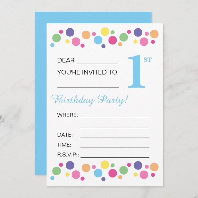 illusima Circles, Blue Back, 1st Birthday Party Invitation (Front/Back)