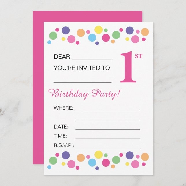illusima Circles, Pink Back, 1st Birthday Party Invitation (Front/Back)