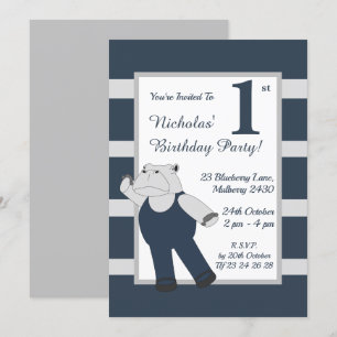 illusima Drama Hippo Boys Blue Birthday Party Invitation