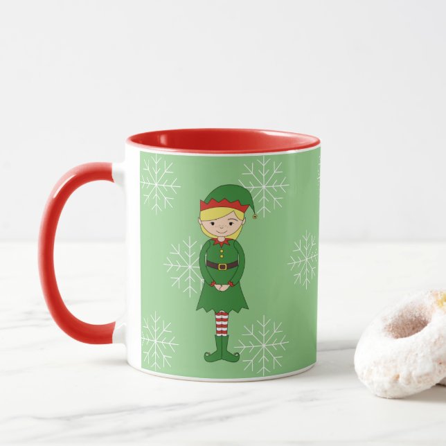 illusima Elf Girl Christmas Snowflakes Light Green Mug (With Donut)