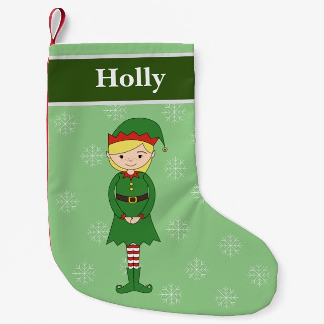illusima Girl Elf Christmas Snowflakes Green Small Christmas Stocking (Front)