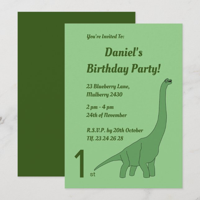 illusima Green Long Necked Dinosaur Boys Birthday Invitation (Front/Back)