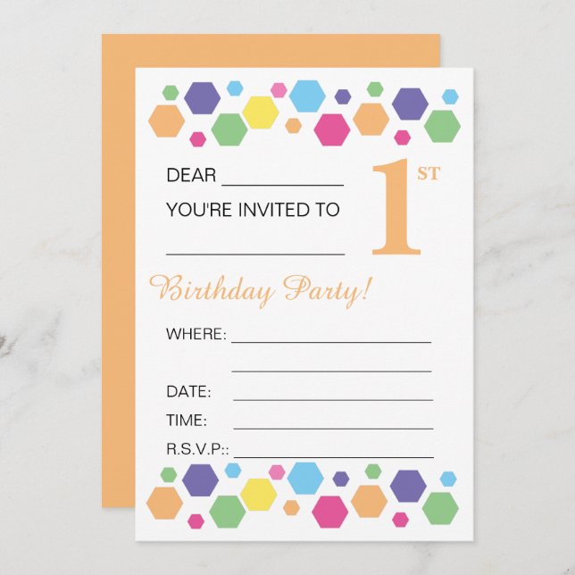 illusima Hexigons, Orange, 1st Birthday Party Invitation (Front/Back)