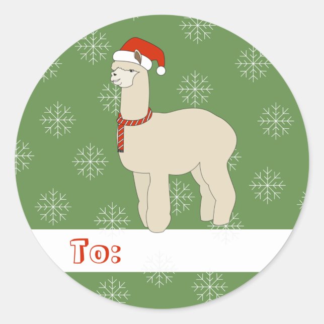 illusima Llama Christmas Snowflakes Green Classic Round Sticker (Front)