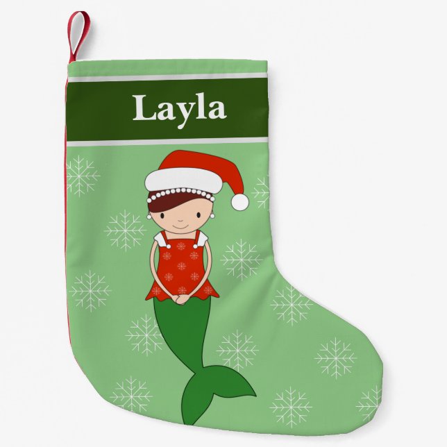 illusima Mermaid Christmas Snowflakes Green Small Christmas Stocking (Front)