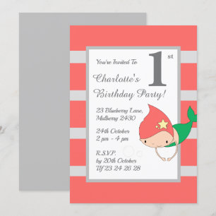 illusima Mermaid Orange Girls Birthday Party Invitation