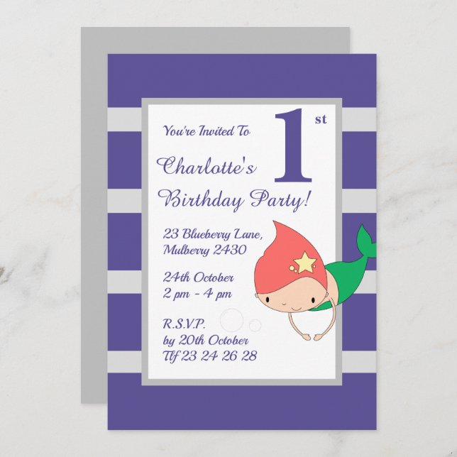 illusima Mermaid Purple Girls Birthday Party Invitation (Front/Back)