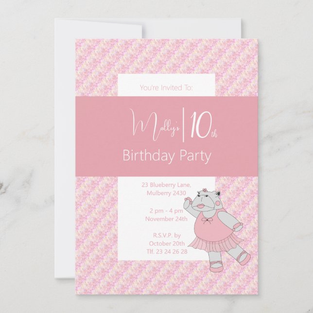 illusima Pink Ballerina Hippo 10th Birthday Invitation (Front)
