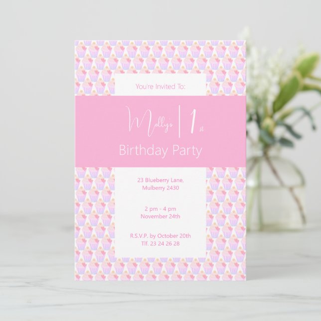 illusima Rainbow Cupcake 1st Birthday Party Invitation (Standing Front)