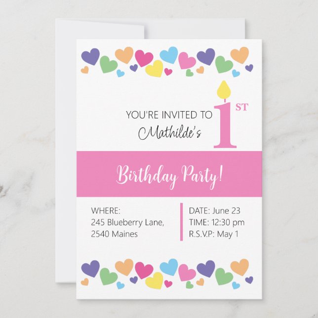 illusima Rainbow Love Hearts, Pink 1st Birthday Invitation (Front)
