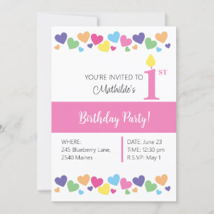 illusima Rainbow Love Hearts, Pink 1st Birthday Invitation