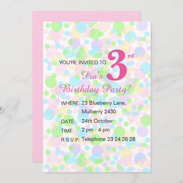 illusima Rainbow Pastel Dots Girls Pink Birthday Invitation (Front/Back)