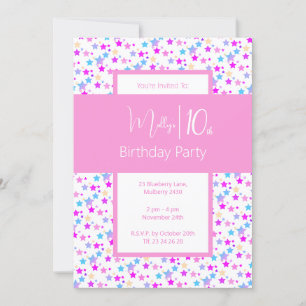 illusima Rainbow Stars Pink Girls 10th Birthday Invitation